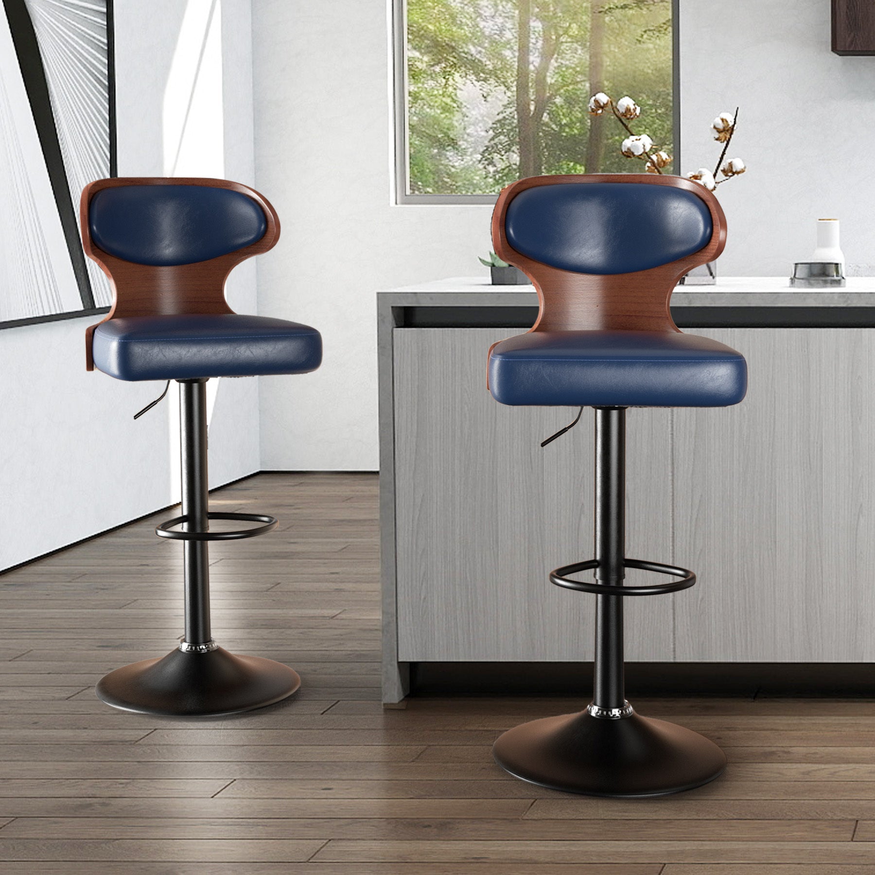 Set of 2 – Adjustable Swivel Wooden Bar Stools with Backrest & Footrest (Up to 550 lbs)