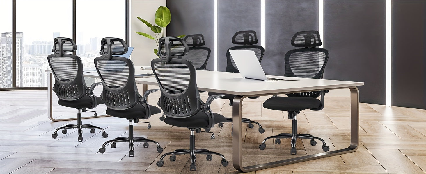 Ergonomic High-Back Mesh Office Chair with Adjustable Headrest, Flip-Up Arms, Lumbar Support, and Stainless Steel Frame - Padded Seat on 5 Wheels for Home Office or Study