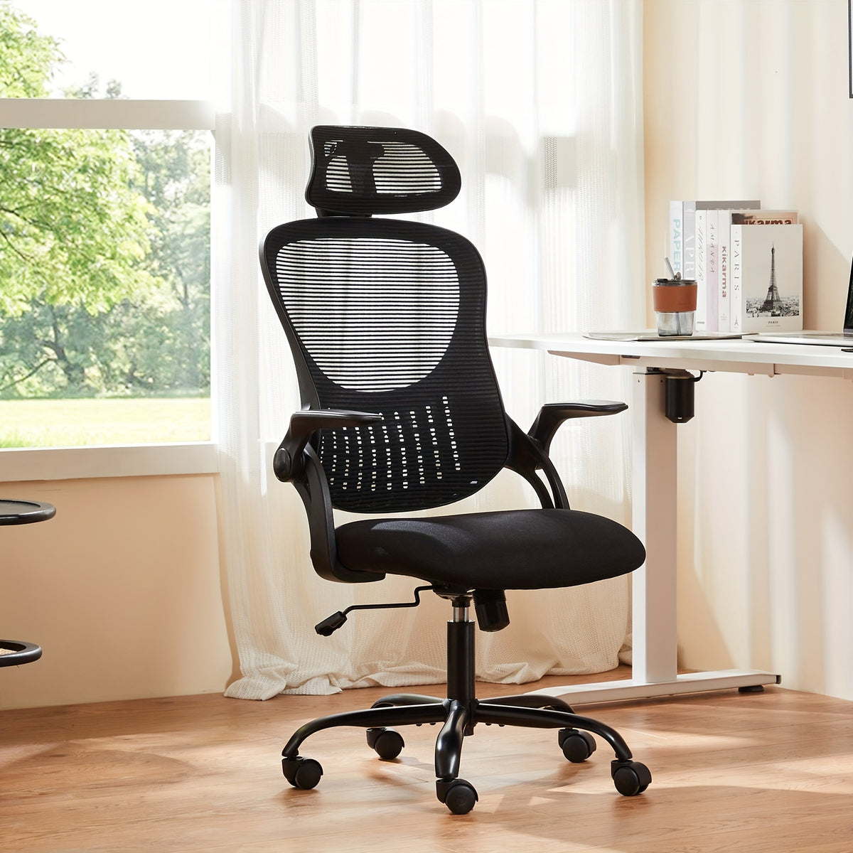 Ergonomic High-Back Mesh Office Chair with Adjustable Headrest, Flip-Up Arms, Lumbar Support, and Stainless Steel Frame - Padded Seat on 5 Wheels for Home Office or Study