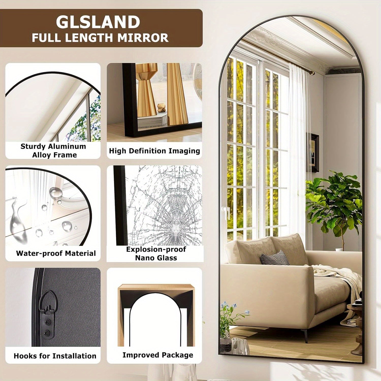 Full Length Floor Mount Mirror-Aluminum Alloy Frame-Arch Mirror Full Length HD-Full Body Mirror-for Office or Living Room