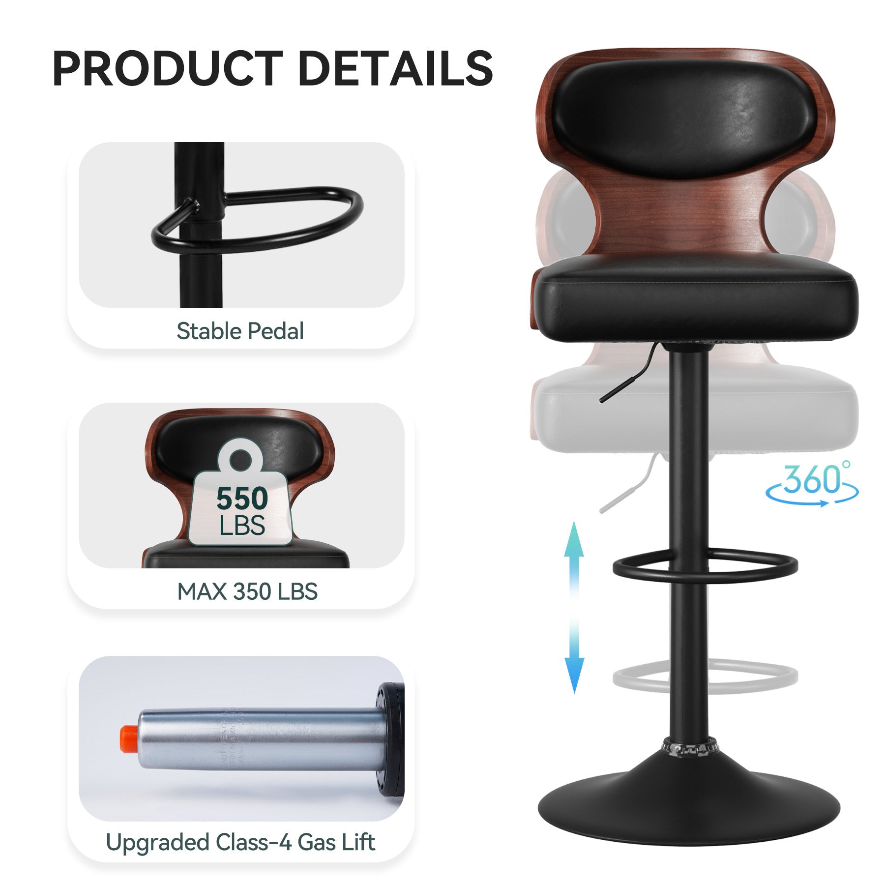 Set of 2 – Adjustable Swivel Wooden Bar Stools with Backrest & Footrest (Up to 550 lbs)