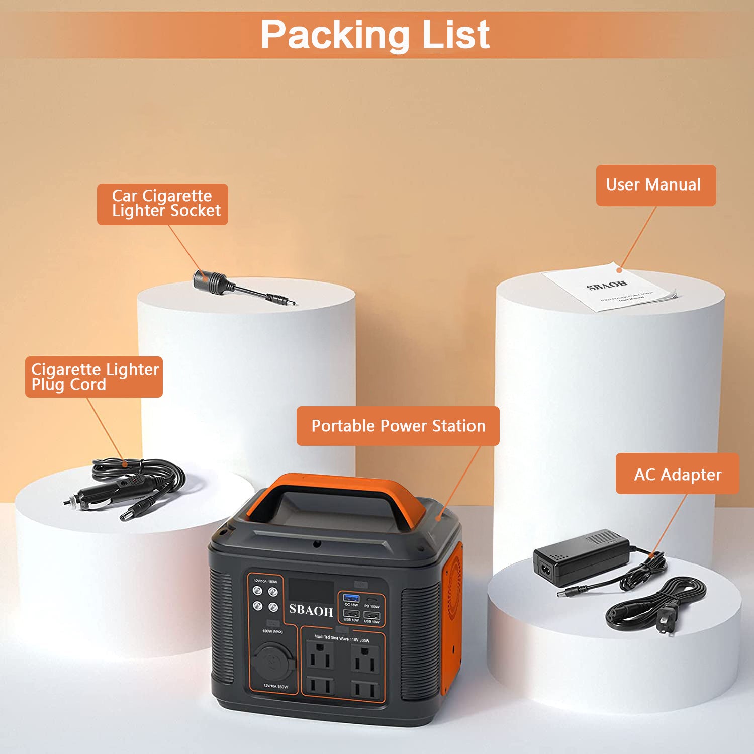 SBAOH P302 80000mAh 296Wh Portable Power Station – 4 AC Outlets, PD 100W, LED Light, Multi-Device Charging for Camping, Emergencies & Travel