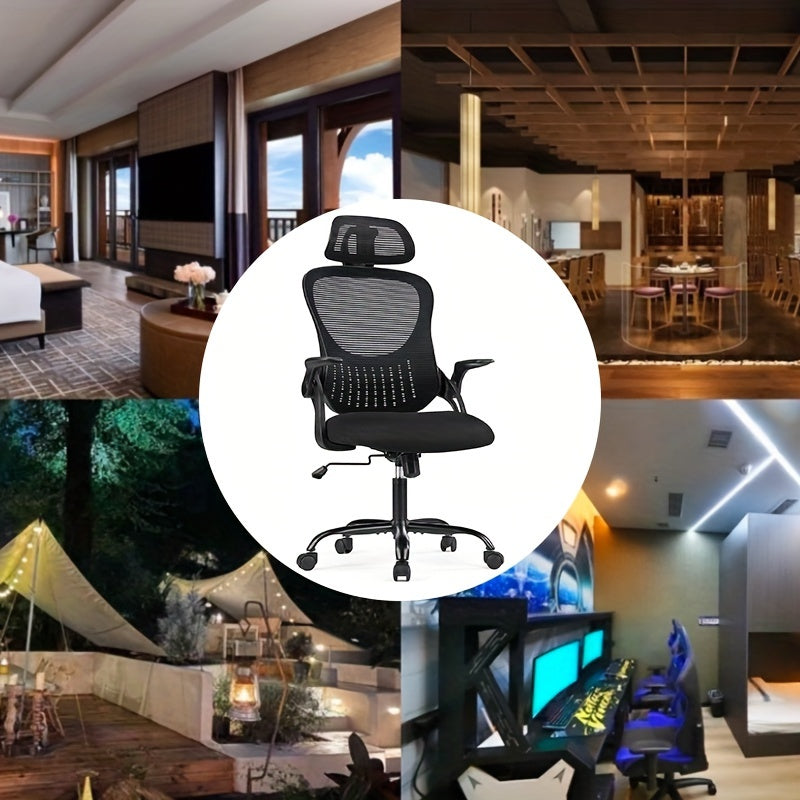 Ergonomic High-Back Mesh Office Chair with Adjustable Headrest, Flip-Up Arms, Lumbar Support, and Stainless Steel Frame - Padded Seat on 5 Wheels for Home Office or Study