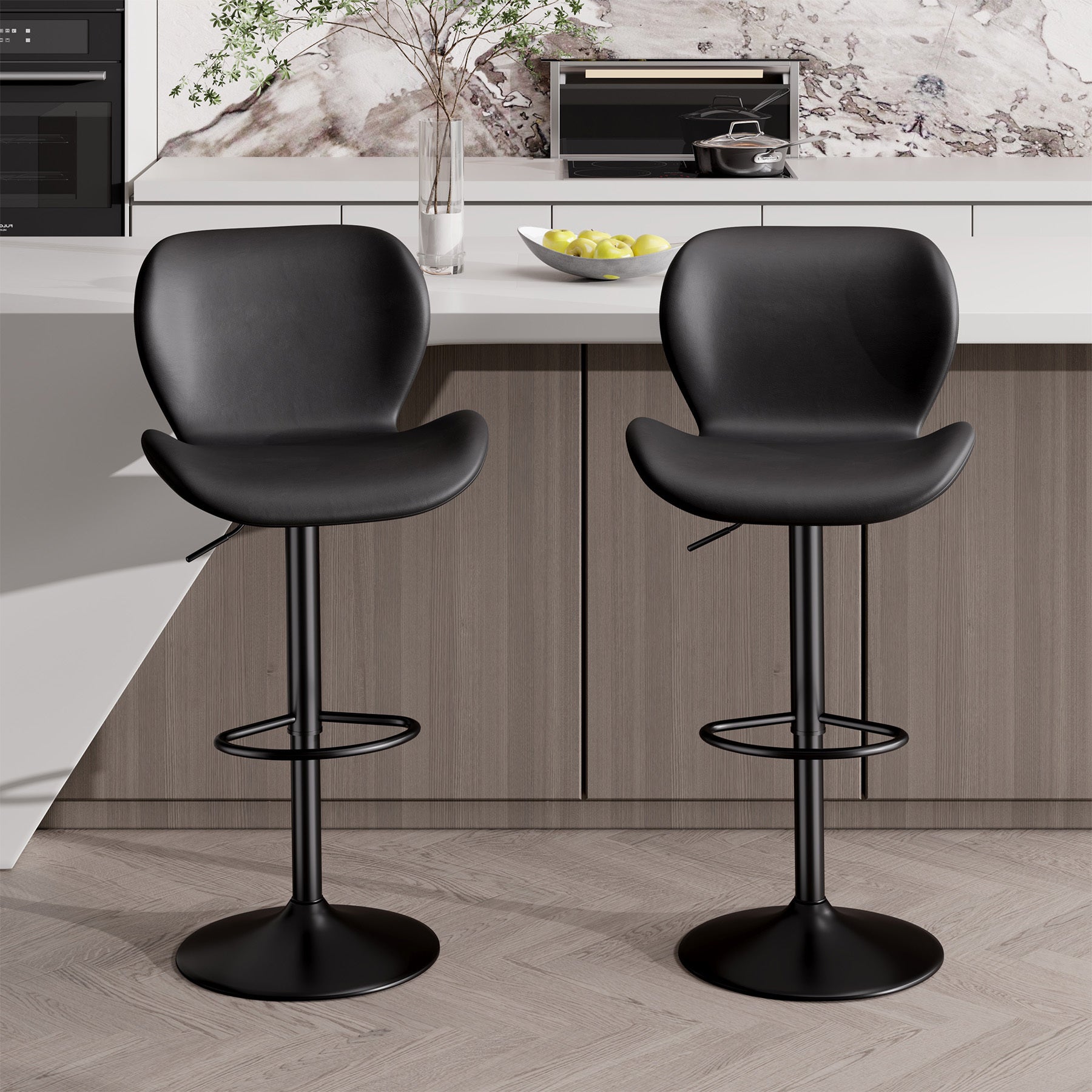 Set of 2 – Modern Adjustable Swivel PU Leather Bar Stools with Footrest