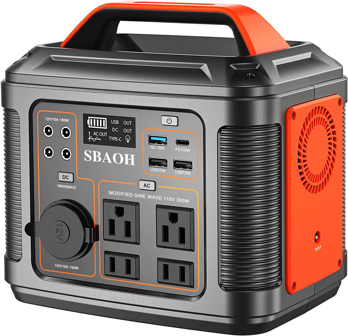 SBAOH P302 80000mAh 296Wh Portable Power Station – 4 AC Outlets, PD 100W, LED Light, Multi-Device Charging for Camping, Emergencies & Travel