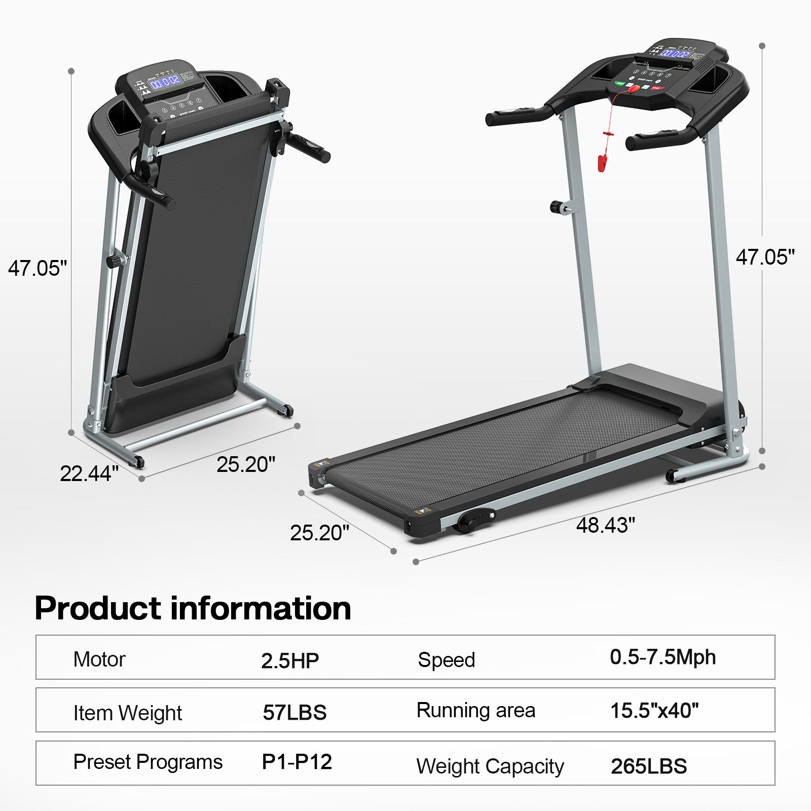 Treadmill JK106 Foldable Home Treadmill with Cup Holder – 2.5HP, Heart Rate Sensor, LED Display, 265LBS Capacity, 12 Programs