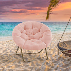 Elegant Pink Plush Folding Moon Chair - Soft & Cozy Outdoor Chair with Durable Metal Frame, Sponge Padding - Perfect for Beach, Camping, Office & Relaxation - Easy-Clean, Polished Finish - Great Gift for Her