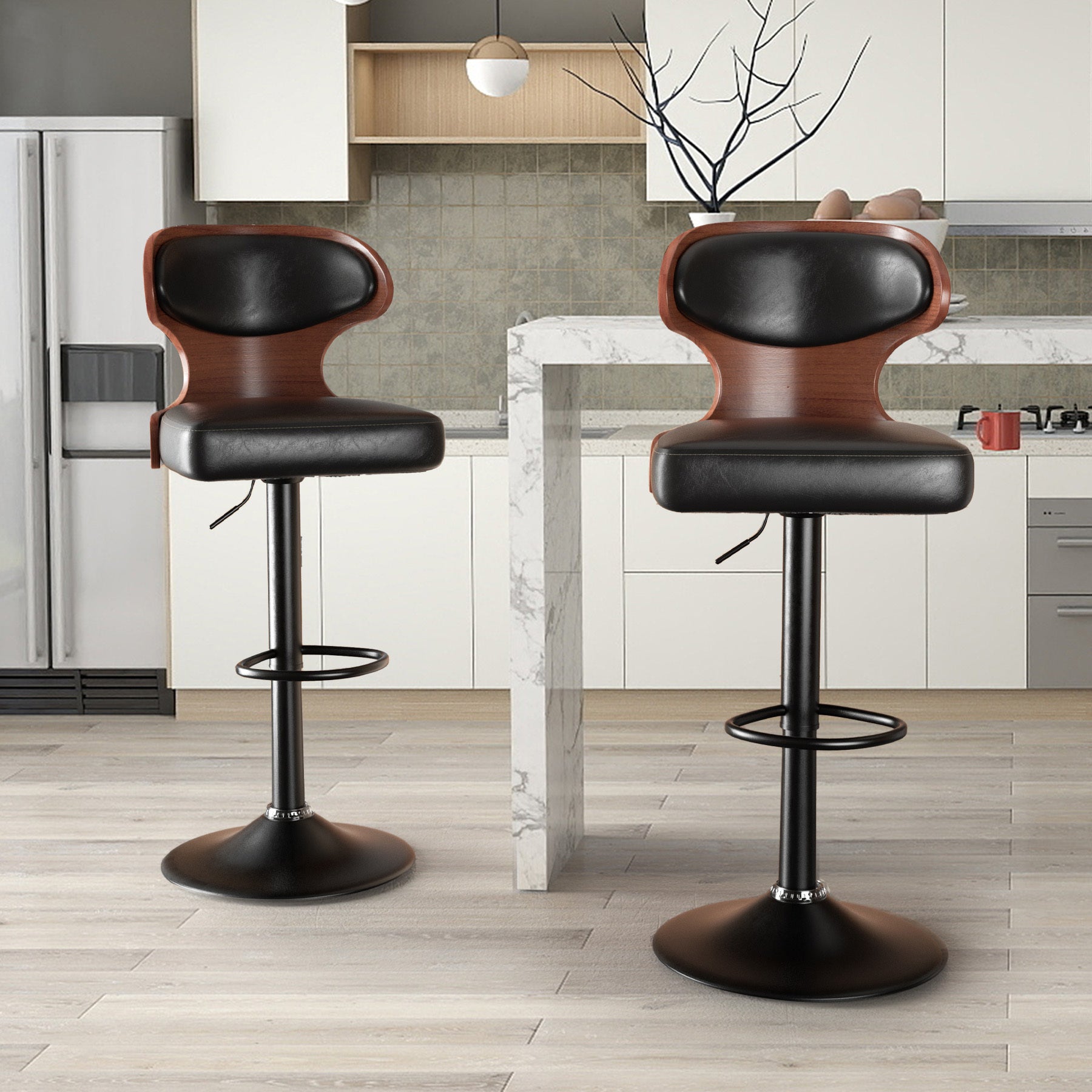 Set of 2 – Adjustable Swivel Wooden Bar Stools with Backrest & Footrest (Up to 550 lbs)