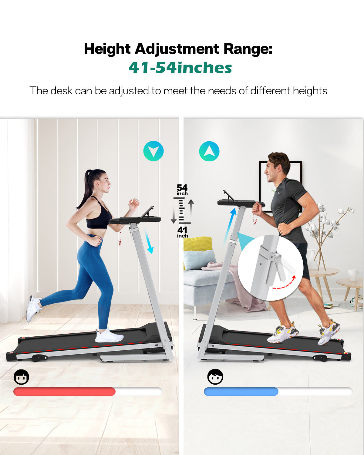 Treadmill JK1608-2B – Foldable 2.5HP Quiet Motor Treadmill with Adjustable Desk Workstation, Bluetooth Music & Gas Spring Lift, 265lbs Capacity