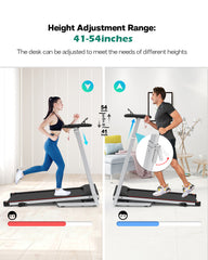 Treadmill JK1608-2B – Foldable 2.5HP Quiet Motor Treadmill with Adjustable Desk Workstation, Bluetooth Music & Gas Spring Lift, 265lbs Capacity