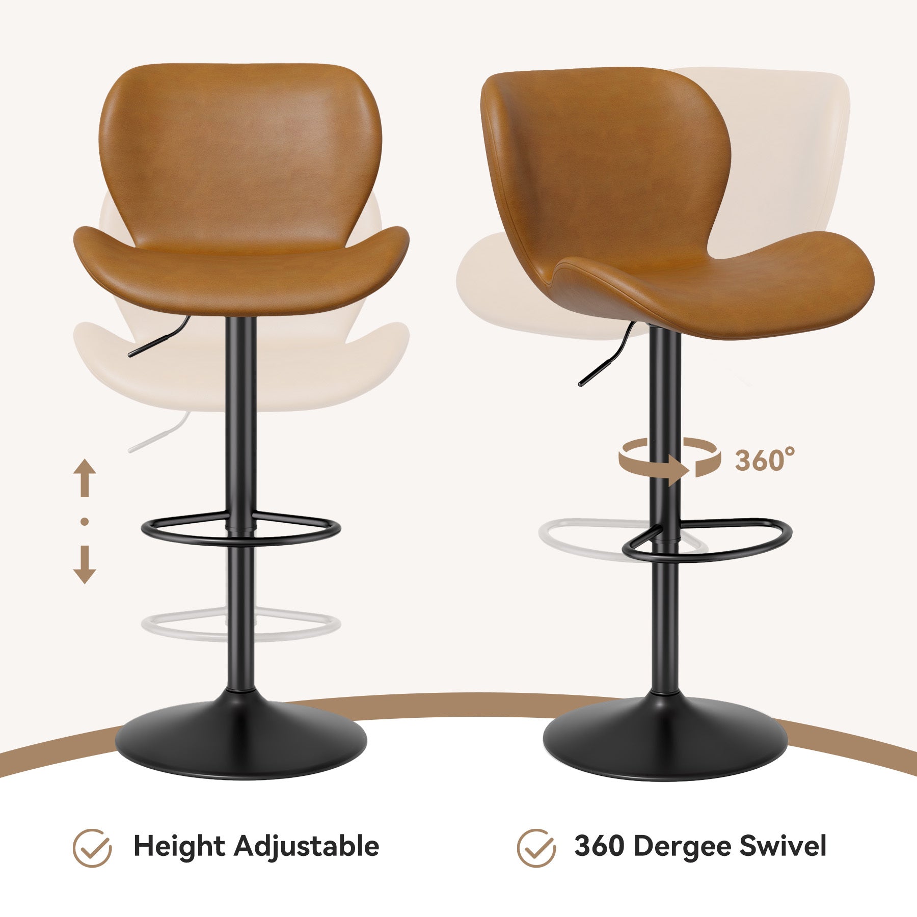 Set of 2 – Modern Adjustable Swivel PU Leather Bar Stools with Footrest