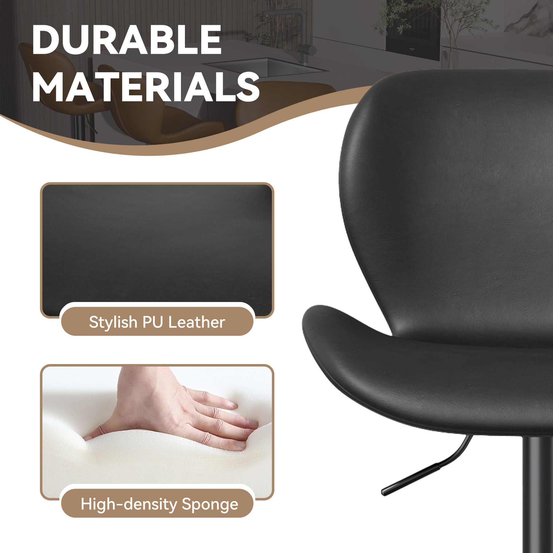 Set of 2 – Modern Adjustable Swivel PU Leather Bar Stools with Footrest