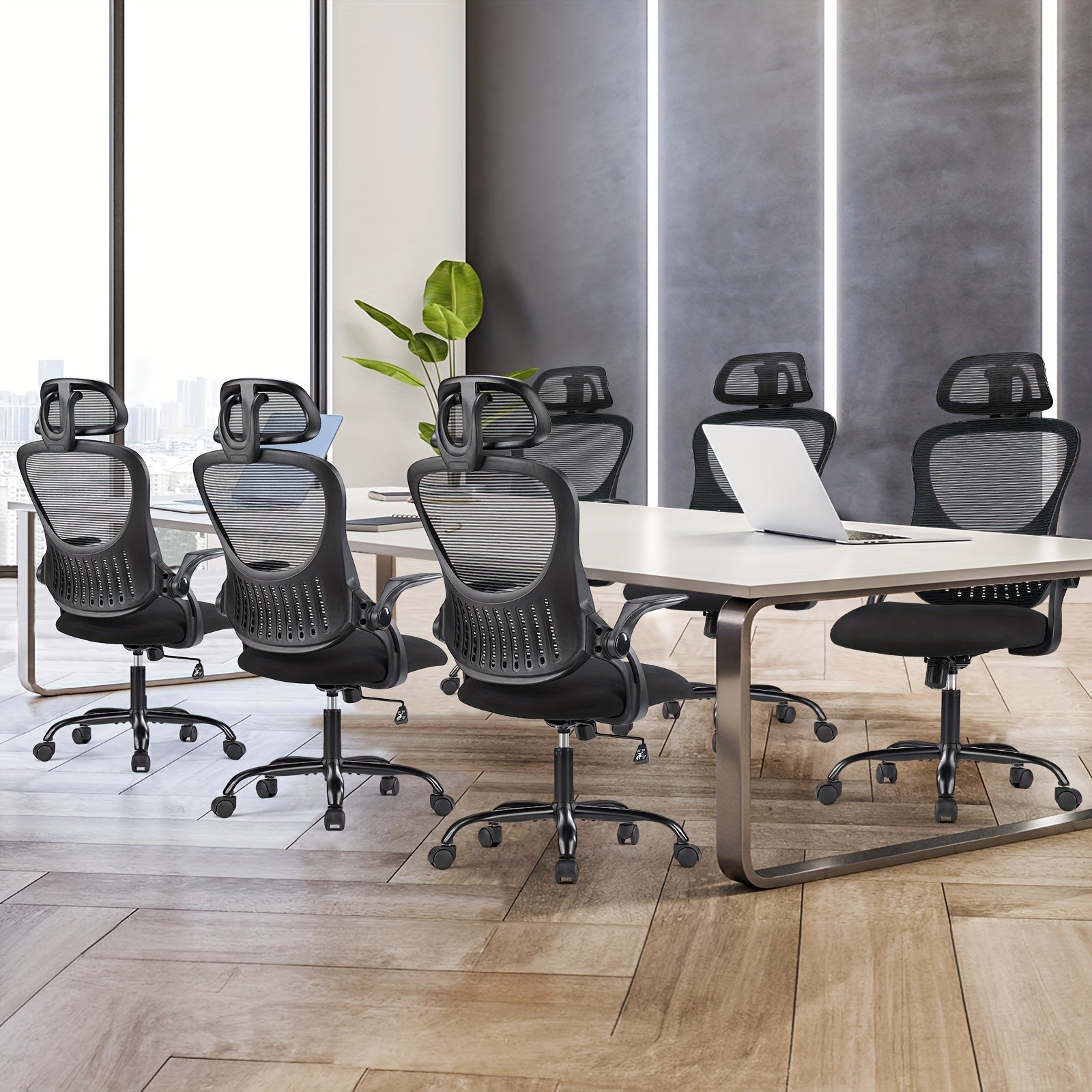 Ergonomic High-Back Mesh Office Chair with Adjustable Headrest, Flip-Up Arms, Lumbar Support, and Stainless Steel Frame - Padded Seat on 5 Wheels for Home Office or Study
