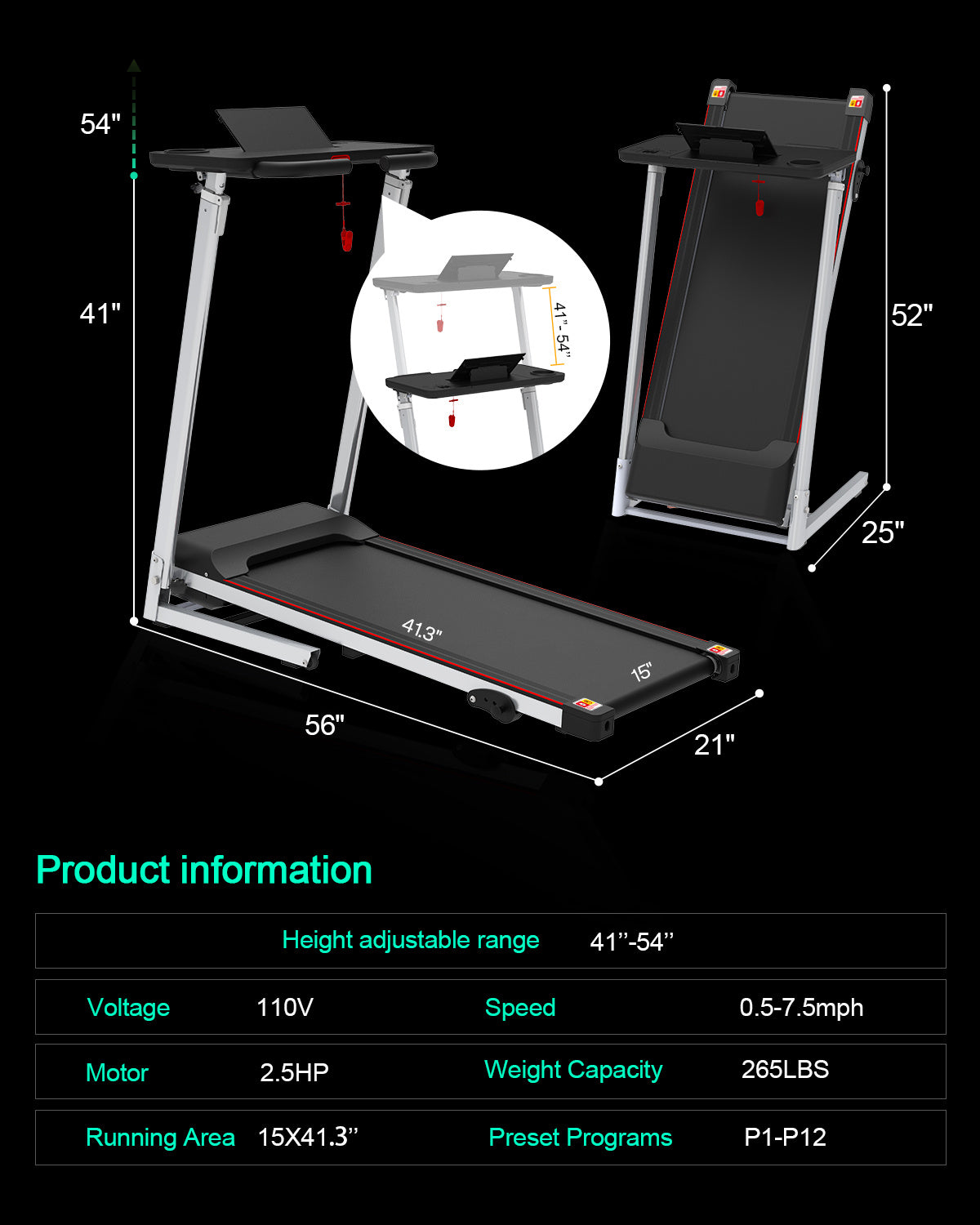Treadmill JK1608-2B – Foldable 2.5HP Quiet Motor Treadmill with Adjustable Desk Workstation, Bluetooth Music & Gas Spring Lift, 265lbs Capacity