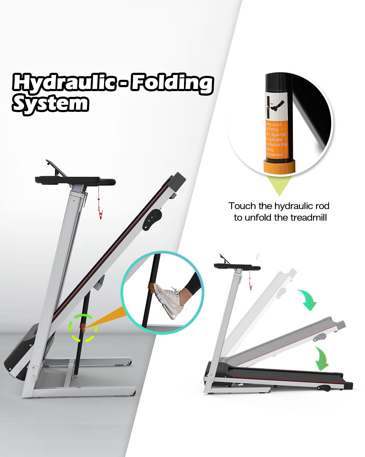Treadmill JK1608-2B – Foldable 2.5HP Quiet Motor Treadmill with Adjustable Desk Workstation, Bluetooth Music & Gas Spring Lift, 265lbs Capacity