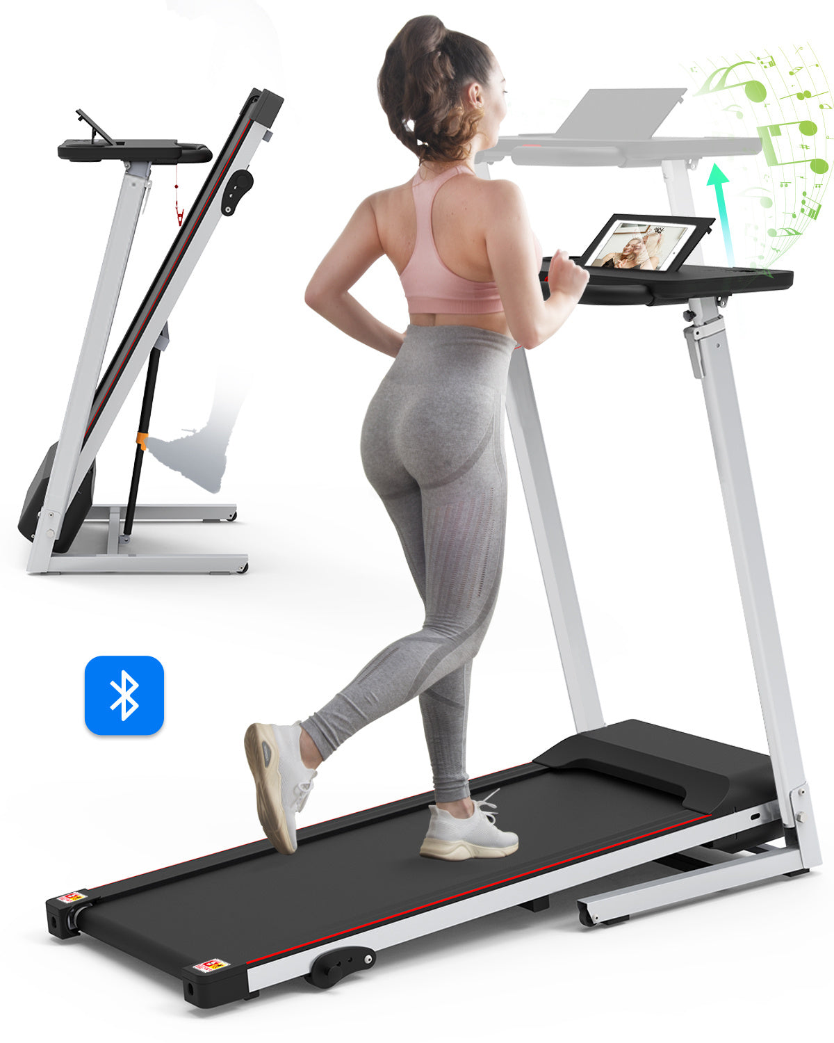 Treadmill JK1608-2B – Foldable 2.5HP Quiet Motor Treadmill with Adjustable Desk Workstation, Bluetooth Music & Gas Spring Lift, 265lbs Capacity