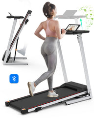 Treadmill JK1608-2B – Foldable 2.5HP Quiet Motor Treadmill with Adjustable Desk Workstation, Bluetooth Music & Gas Spring Lift, 265lbs Capacity