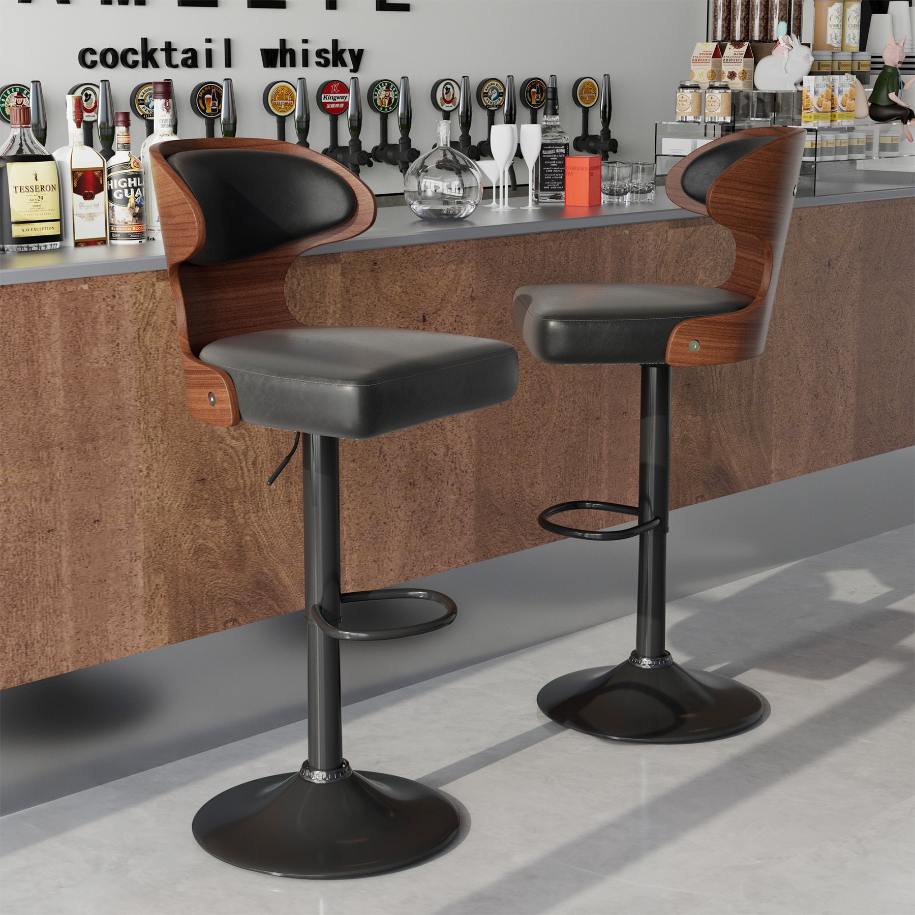 Set of 2 – Adjustable Swivel Wooden Bar Stools with Backrest & Footrest (Up to 550 lbs)