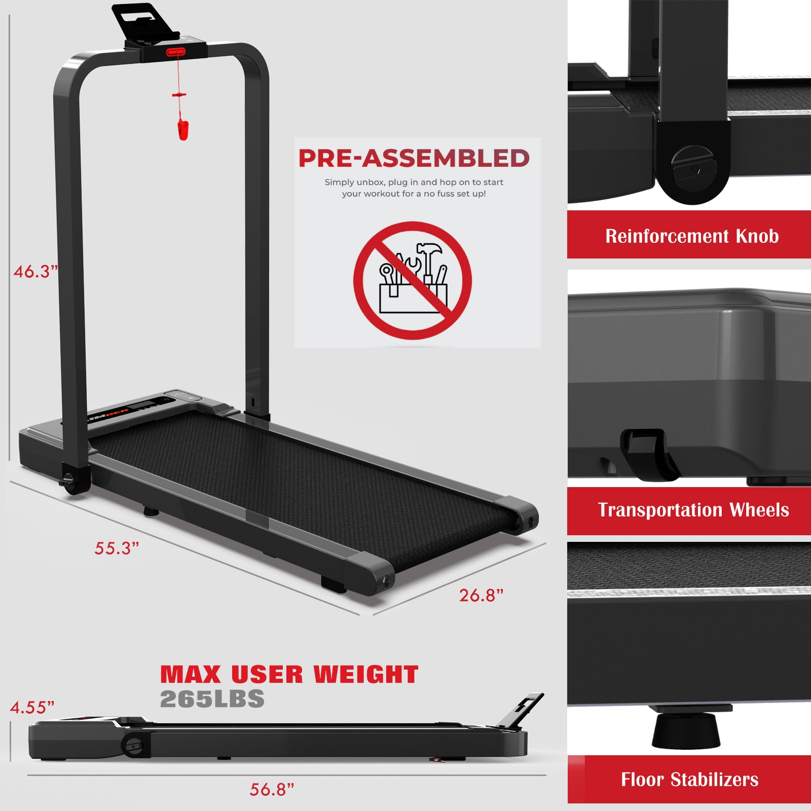 Treadmill Q20-4 – 2-in-1 Foldable Walking & Running Treadmill, 2.5HP Quiet Motor, 300LBS Capacity, LED Display & Remote Control