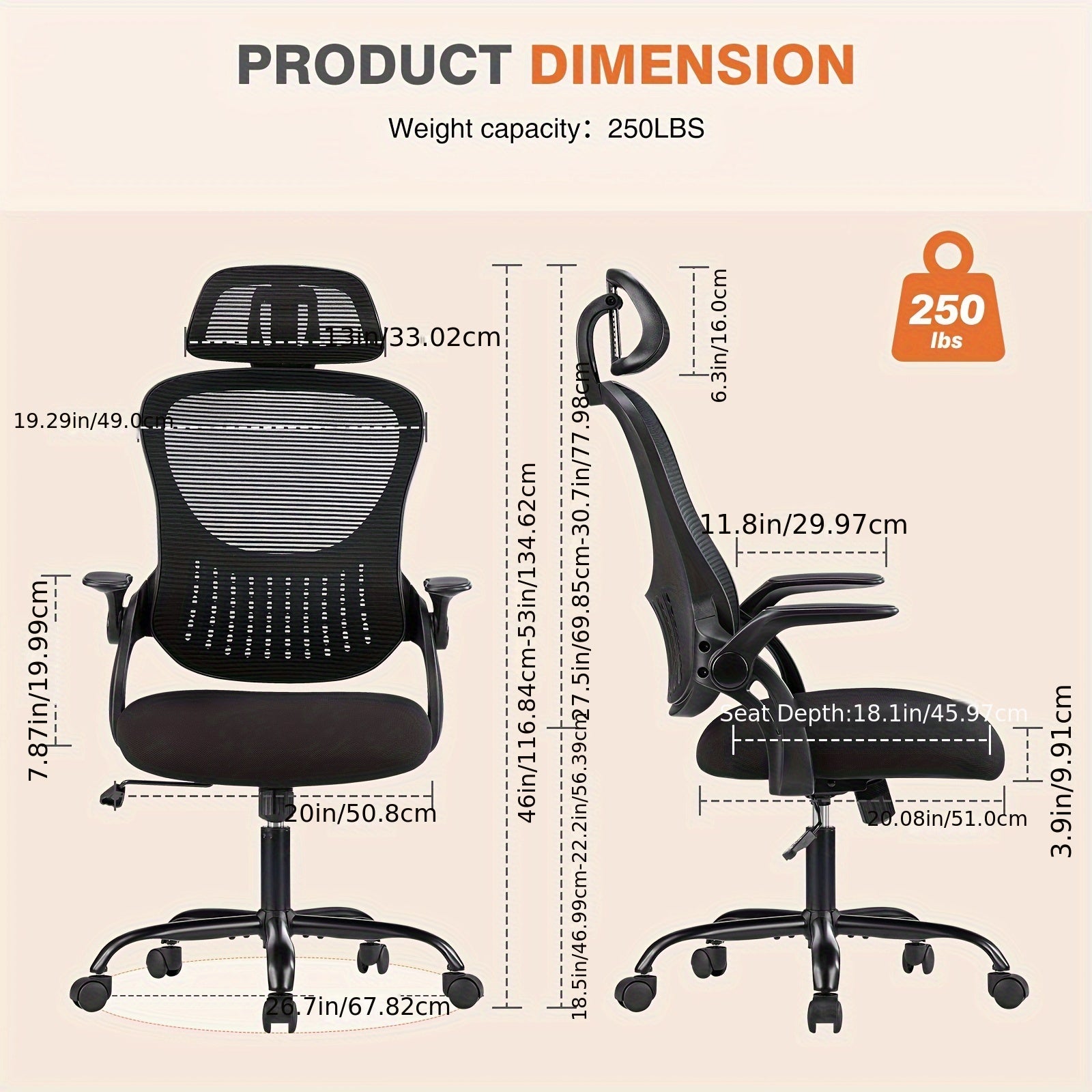 Ergonomic High-Back Mesh Office Chair with Adjustable Headrest, Flip-Up Arms, Lumbar Support, and Stainless Steel Frame - Padded Seat on 5 Wheels for Home Office or Study