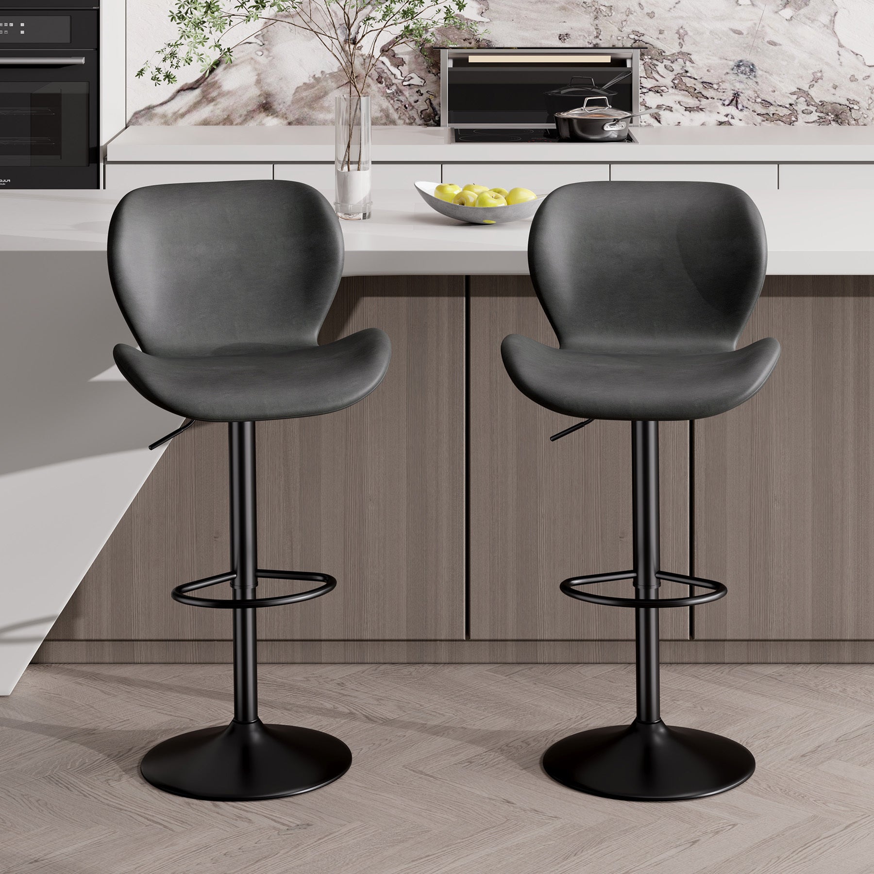 Set of 2 – Modern Adjustable Swivel PU Leather Bar Stools with Footrest
