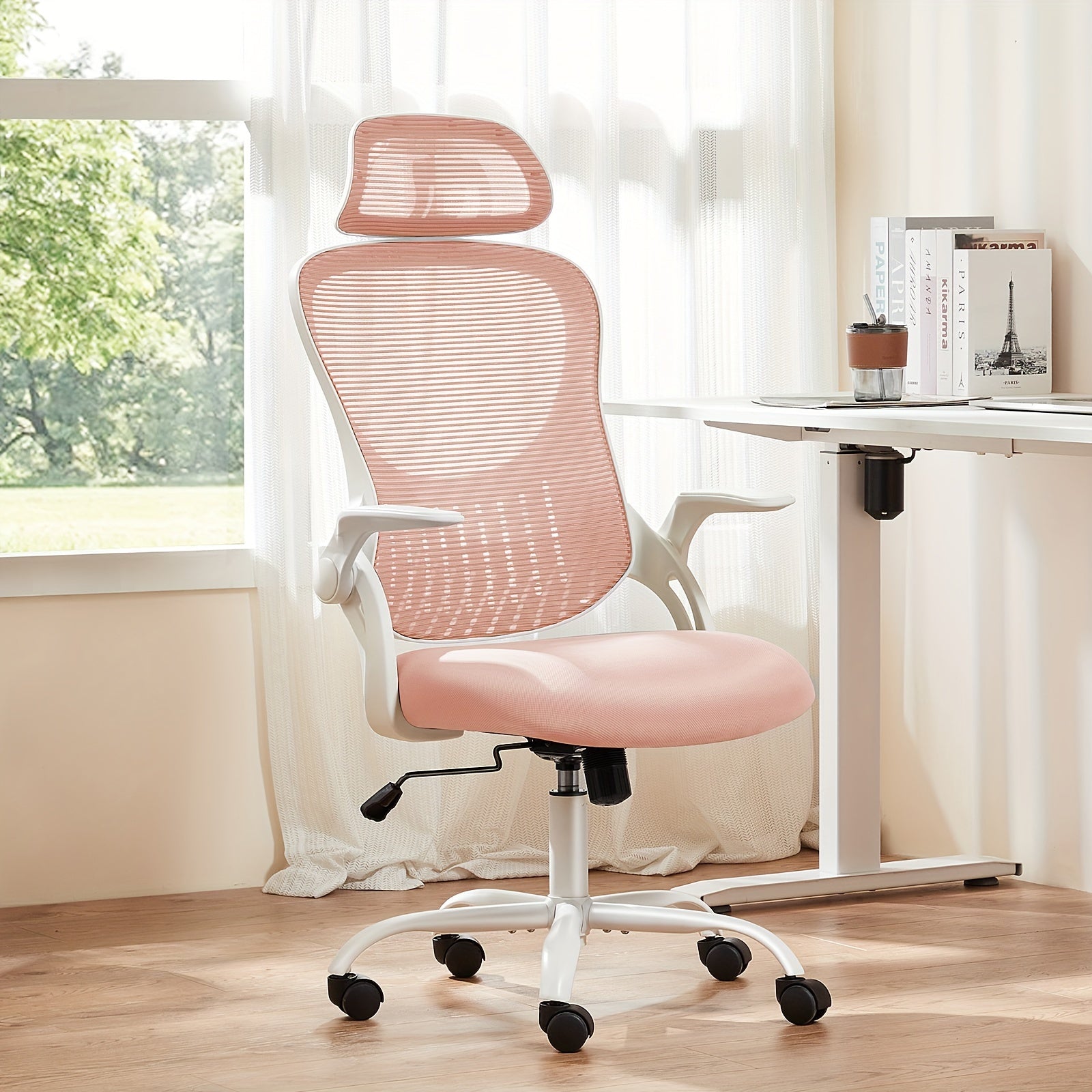 Ergonomic High-Back Mesh Office Chair with Adjustable Headrest, Flip-Up Arms, Lumbar Support, and Stainless Steel Frame - Padded Seat on 5 Wheels for Home Office or Study