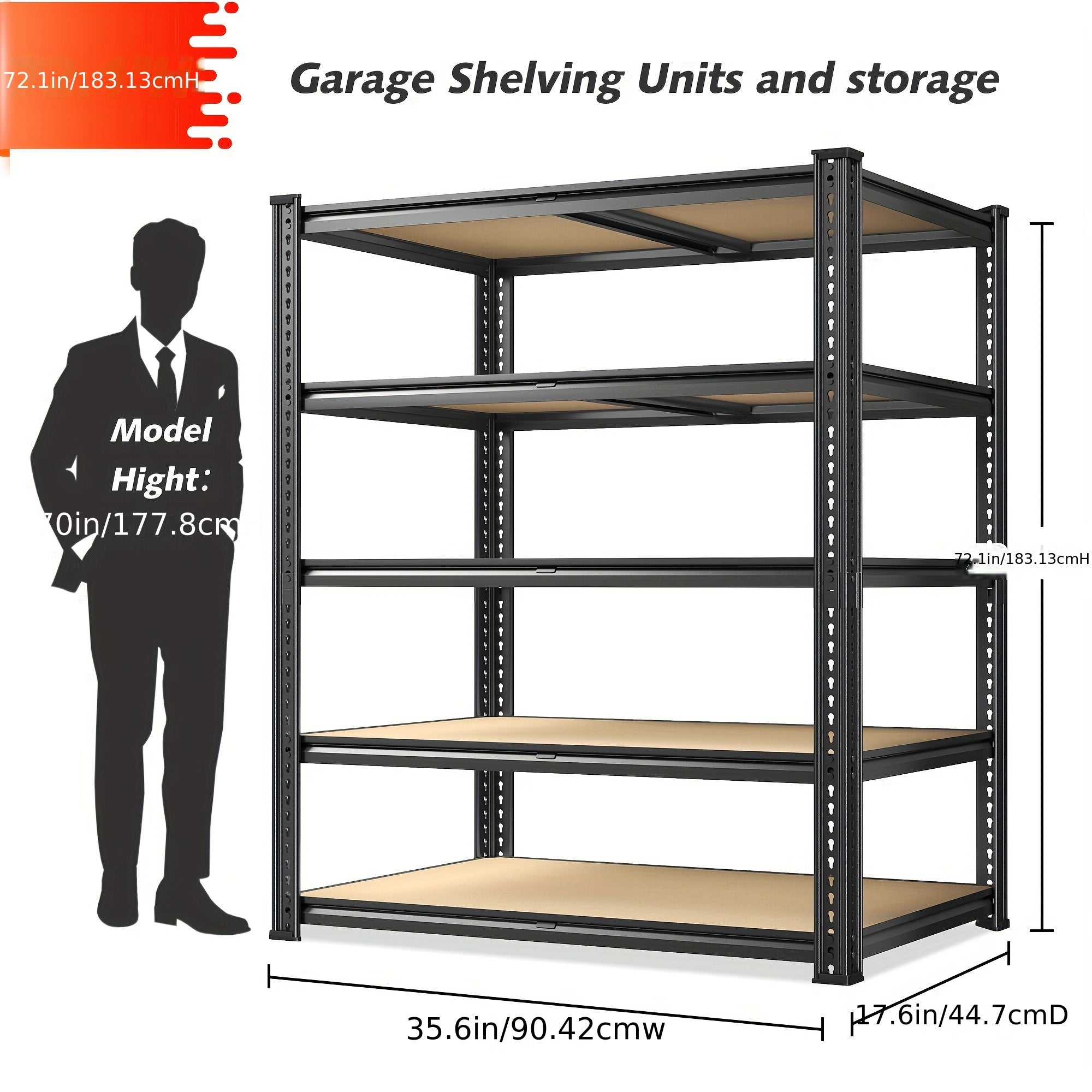 5-Tier Adjustable Wire Shelving Rack - Heavy Duty Metal Storage Unit for Garage, Pantry, Kitchen, 2450 LB Load Capacity, 72.1”H x 35.6”W x 17.6”D, Black - Durable Shelving for Organizing Heavy Items