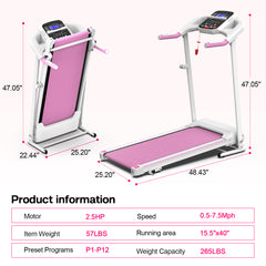 Treadmill JK106 Foldable Home Treadmill with Cup Holder – 2.5HP, Heart Rate Sensor, LED Display, 265LBS Capacity, 12 Programs
