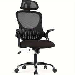 Ergonomic High-Back Mesh Office Chair with Adjustable Headrest, Flip-Up Arms, Lumbar Support, and Stainless Steel Frame - Padded Seat on 5 Wheels for Home Office or Study