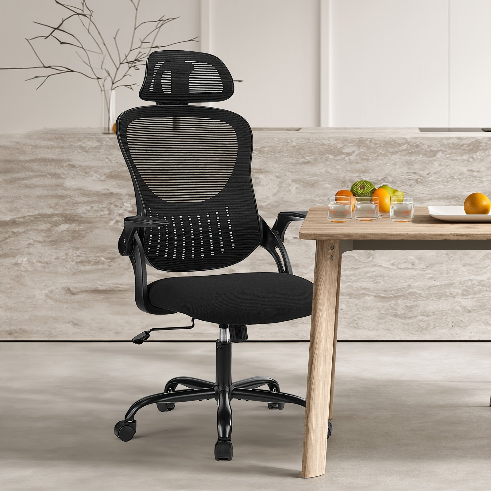 Ergonomic High-Back Mesh Office Chair with Adjustable Headrest, Flip-Up Arms, Lumbar Support, and Stainless Steel Frame - Padded Seat on 5 Wheels for Home Office or Study