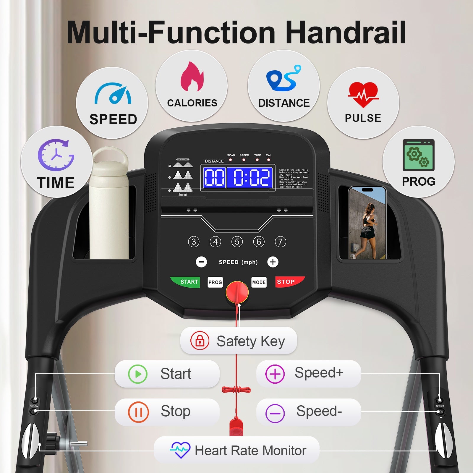 Treadmill JK106 Foldable Home Treadmill with Cup Holder – 2.5HP, Heart Rate Sensor, LED Display, 265LBS Capacity, 12 Programs