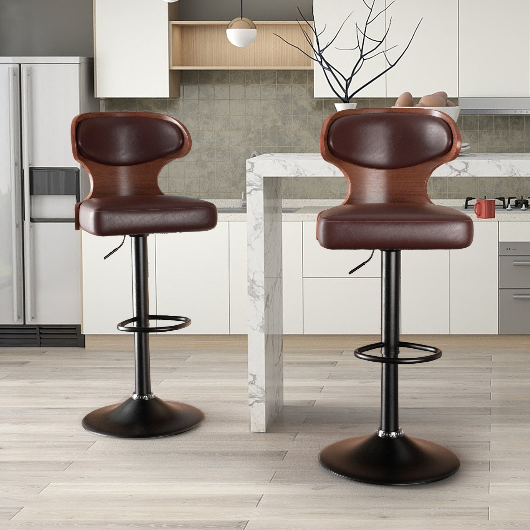 Set of 2 – Adjustable Swivel Wooden Bar Stools with Backrest & Footrest (Up to 550 lbs)